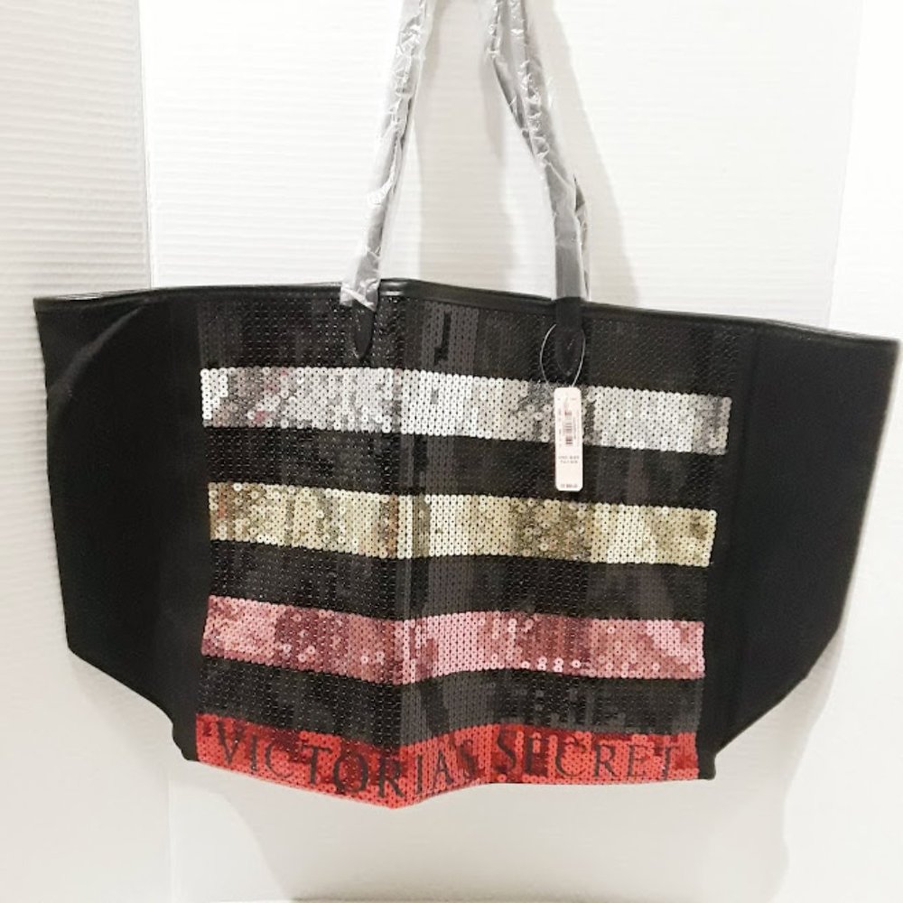 ~Victorias Secret~ Logo Sequin Stripe Weekender Tote Canvas Bag  *22" x 13"*
